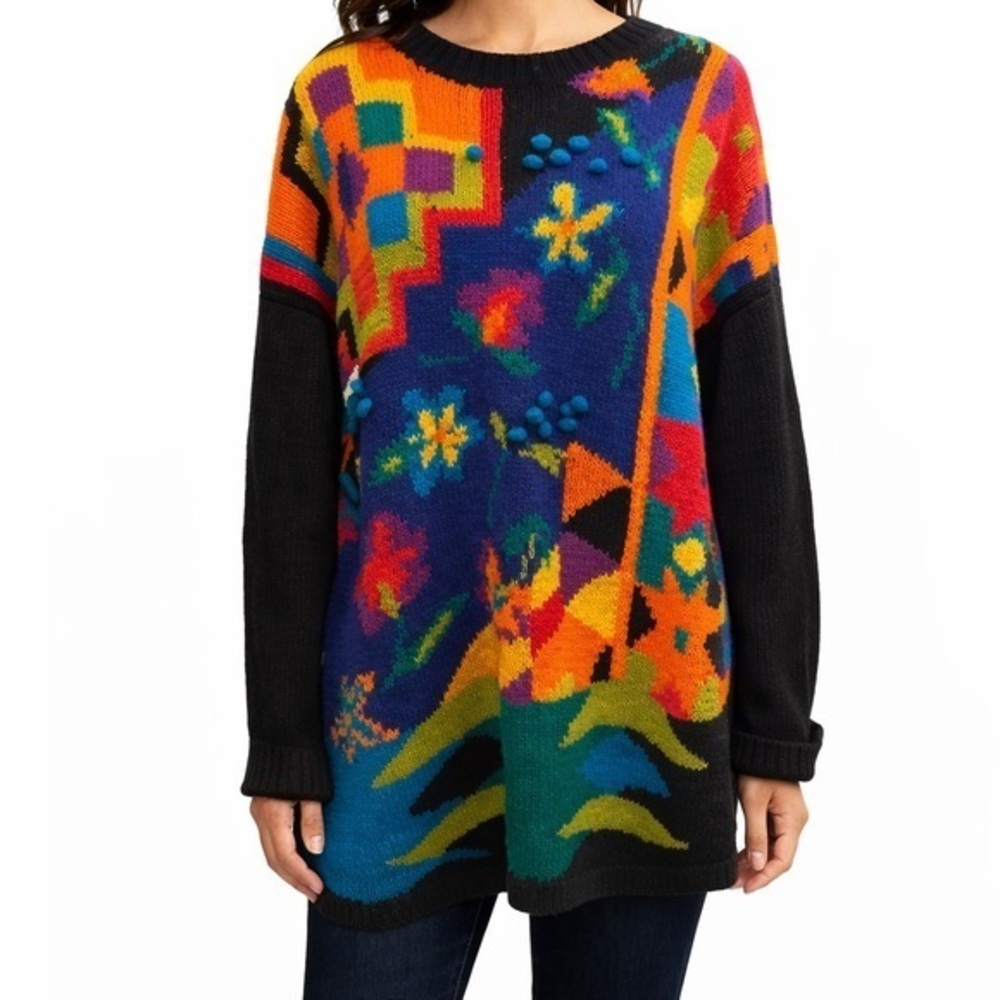 Vintage Mixit Sweater Medium Black Multicolor Abstract Pom Pom Ramie Cotton 90’s